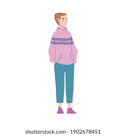 Young Woman with Short Haircut Wearing Fashionable Clothes Standing and Waiting Cartoon Style Vector Illustration