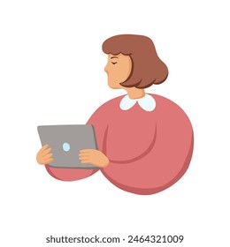 Young woman with short hairs in a pink sweatshirt is reading news on tablet. Woman works on computer. Flat vector illustration on white background.