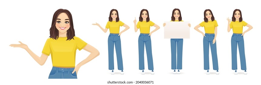 Young woman with short hairstyle in casual style clothes set different gestures isolated vector ilustration