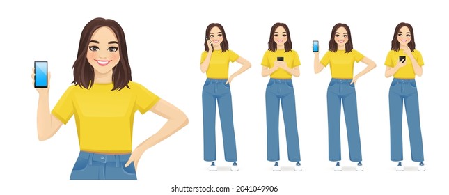 Young woman with short hairstyle in casual style clothes using mobile phone isolated vector illustration