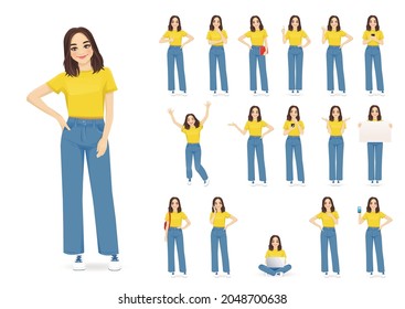 Young woman with short hairstyle in casual style clothes set different gestures isolated vector illustration
