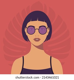 Young woman with short hairstyles and sunglasses. Portrait of beautiful brunette. Avatar of girl for social networks. Abstract female portrait, full face. Stock vector illustration in flat style.