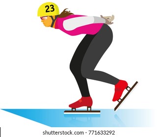 A young woman is a short track ice racer who runs on ice at a stadium