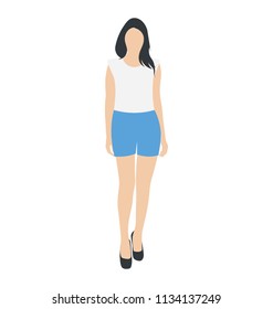 
A young woman in shorts with heels denoting fashionable girl character 
