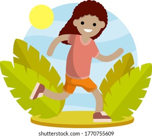 Young woman in shorts and t-shirt. Running and sports. Active lifestyle. Movement and walking. Cartoon flat illustration. Park and nature. Leaves of plants. Summer season. Pink cloth