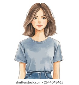 Uma jovem mulher com um peito marrom no ombro, vestindo uma camiseta azul e jeans, retratada em uma ilustração em aquarela.