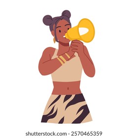 Young woman shouting advertising or warning message in loudspeaker. Girl holding megaphone with both hands to announce and promote offer, shout slogans at public meeting cartoon vector illustration