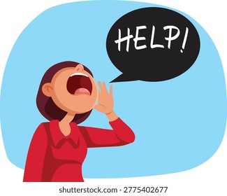 Young Woman Shouting for Help Vector Illustration. Terrified girl asking for urgent assistance in emergency situation