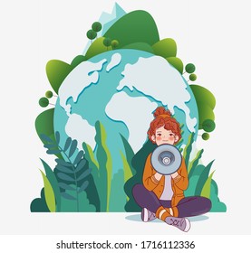 Young Woman Shouting Into Megaphone. World map background