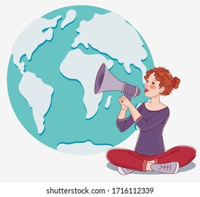 Young Woman Shouting Into Megaphone. World map background