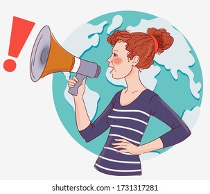 Young Woman Shouting Into Megaphone. World map background