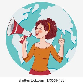 Young Woman Shouting Into Megaphone. World map background
