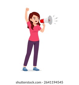 Young Woman Shouting into Megaphone Raising Fist in Protest Illustration on White Background