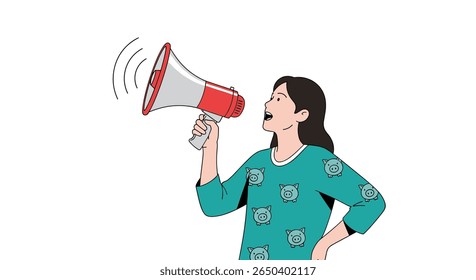 Jovem gritando alto através de um megafone anunciando algo importante