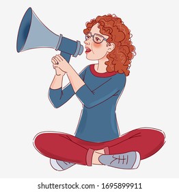 Young woman shouting on the megaphone