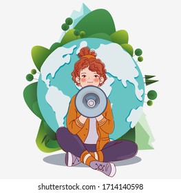 Young woman shouting on the megaphone. World map background
