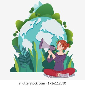 Young woman shouting on the megaphone. World map background