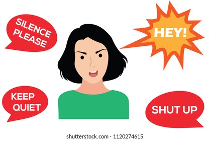 Young woman shouting in public place.Vector Illustration of a girl disturbing people around her by shouting loudly.