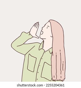 Young woman shouting up  and screaming loud to side with hand on mouth simple korean style illustration