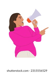 Young woman shouting through megaphone and pointing to the side, making announcement. Internet advertisement, marketing, social media, network promotion. Realistic vector illustration isolated