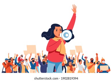 A young woman shouts through megaphones, supporting the protests against the background of discontented people protesting. Flat design colorful illustration isolated on white. - Shutterstock ID 1902819394