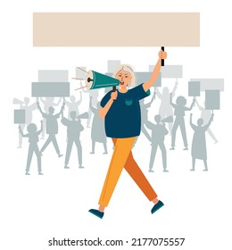 A young woman shouts through megaphones, supporting the protests against the backdrop of protesting disgruntled people. Protest of an aggressive person at a political meeting, parade or rally