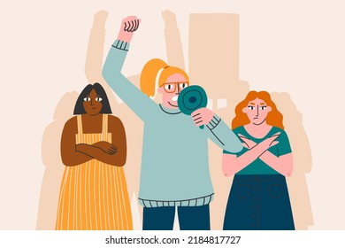 A young woman shouts through megaphones, supporting the protests against the background of discontented people protesting. Flat design colorful illustration isolated on white.