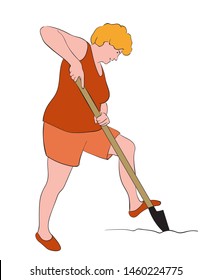 Young woman with shovel dig in her garden. Farm work vector sketch illustration.