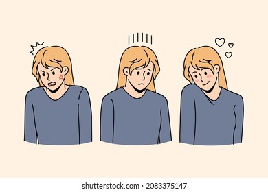 Young woman show different emotions: angry, sad and love. Millennial Caucasian girl demonstrate various moods, facial expressions. Female feel mad, unhappy or loving. Flat vector illustration.