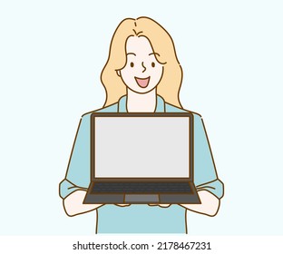 Young woman show empty laptop screen with positive expression. Hand drawn in thin line style, vector illustrations.