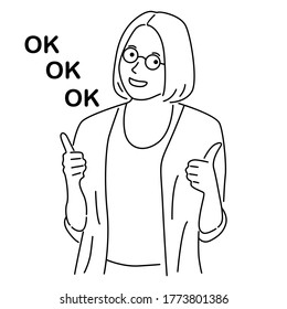 Young woman show gesturing thumbs up sign. Stylish girl making like, good or positive symbol. Female character illustration