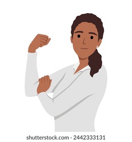 Young woman show muscles feeling powerful and strong. Happy girl demonstrate power and strength. Female leadership and success. Flat vector illustration isolated on white background