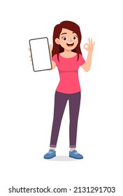 young woman show phone screen with ok gesture