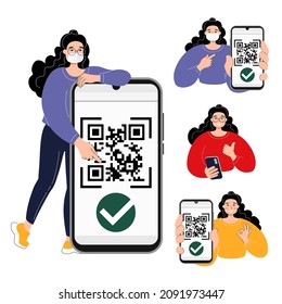 Young woman show QR code. Smartphone mockup in woman hand. Check QR code. Isolated vector flat illustration.