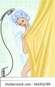 Young woman in a shower cap taking a shower behind the curtain