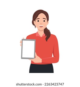 Young woman showing blank no-name tablet pc monito. Flat vector illustration isolated on white background