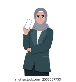 Young woman showing blank smartphone screen and pointing on it. Flat vector Character Illustration