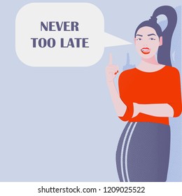 Young woman showing braces and tongue. Modern style vector illustration. Speech bubble