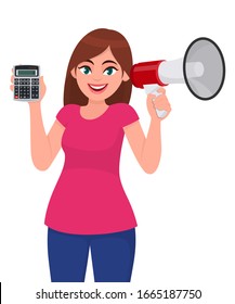 Young woman showing calculator. Trendy girl holding megaphone or loudspeaker in hand. Female character speaking or announcing news. Modern technology lifestyle illustration design in vector cartoon.