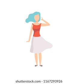 Young woman showing call me hand gesture, dial my number, call me back, faceless girl character gesturing vector Illustration on a white background