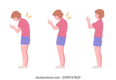 Young woman showing correct and incorrect standing posture while using smartphone. Having curved spine due to poor posture and weak back muscles. Shoulders and back pain. Flat vector illustration.