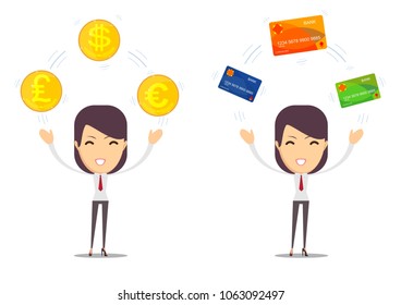Young woman showing credit card and cash dollar. Stock flat vector illustration.