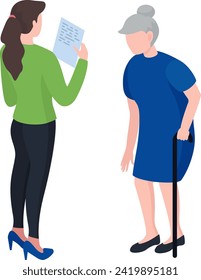 Young woman showing document to elderly lady with cane. Brunette reading paper to senior in blue dress. Care for elderly concept vector illustration.