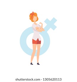 Young Woman Showing Gesture We Can Do It, Girls Advocating for Gender Equality, Freedom, Civil Rights, Independence Vector Illustration
