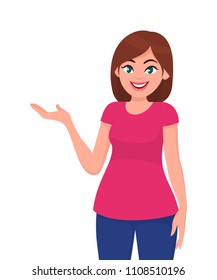 Young woman showing hand for presenting something.  Vector illustration in cartoon style.