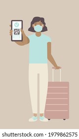 Young woman showing health passport on a mobile phone, which indicates a vaccination against covid-19. Valid digital  certificate with qr code. Immunity pass. Flat vector illustration