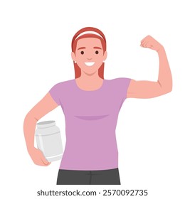 Young woman showing her biceps and holding a white plastic jar of nutritional supplement. Flat vector illustration isolated on white background