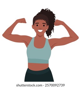 Young woman showing her muscles. Fit fitness strenght health hobby. Flat vector illustration isolated on white background