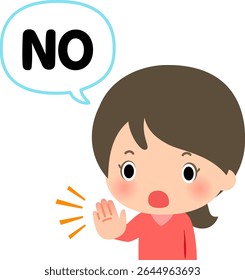 Young woman showing her palm and saying "NO"
