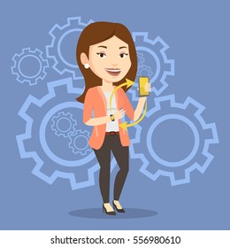 Young woman showing her smartphone and smart watch on the background with cogwheels. Concept of synchronization between smart watch and smartphone. Vector flat design illustration. Square layout.